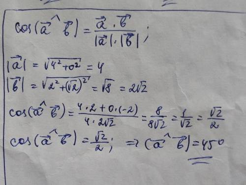 Найдите косинус угла между векторами a(4;0) и b(2;-2)
