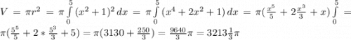 V=\pi r^2=\pi \int\limits^5_0 {(x^2+1)^2} \, dx =\pi \int\limits^5_0 {(x^4+2x^2+1)} \, dx=\pi (\frac{x^5}{5} +2\frac{x^3}{3}+x)\int\limits^5_0=\pi (\frac{5^5}{5}+2*\frac{5^3}{3}+5)=\pi (3130+\frac{250}{3})=\frac{9640}{3}\pi =3213\frac{1}{3}\pi