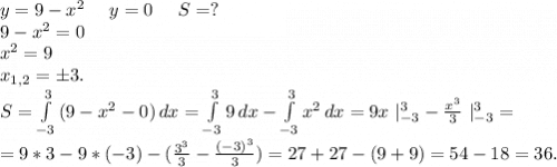 y=9-x^2\ \ \ \ y=0\ \ \ \ S=?\\9-x^2=0\\x^2=9\\x_{1,2}=б3.\\S=\int\limits^3_{-3} {(9-x^2-0)} \, dx =\int\limits^3_{-3} {9} \, dx -\int\limits^3_{-3} {x^2} \, dx =9x\ |_{-3}^3-\frac{x^3}{3}\ |_{-3}^3=\\=9*3-9*(-3)-(\frac{3^3}{3}-\frac{(-3)^3}{3})=27+27-(9+9)=54-18=36.