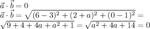 \vec a \cdot \vec b=0\\\vec a \cdot \vec b =\sqrt{(6-3)^2+(2+a)^2+(0-1)^2}=\\\sqrt{9+4+4a+a^2+1}=\sqrt{a^2+4a+14}=0