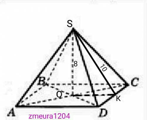 Висота правильної чотирикутної піраміди дорівнює 8 см апофема 10 см знайти площу поверхні