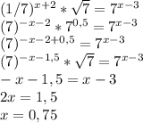 (1/7)^{x+2} *\sqrt{7} =7^{x-3} \\(7)^{-x-2} * 7^{0,5} =7^{x-3} \\(7)^{-x-2+0,5} =7^{x-3} \\(7)^{-x-1,5} *\sqrt{7} =7^{x-3} \\-x-1,5=x-3\\2x=1,5\\x=0,75