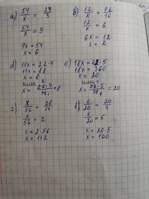 Решите уравнения. а) 54 : х =27:3. b) 12:x=96:16. d) 11x=22•4. e)18x=72•5. cx56=28:14. f)x:20=:20:4