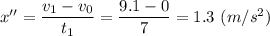 x''= \dfrac{v_1 - v_0}{t_1} = \dfrac{9.1 - 0}{7} =1.3~(m/s^2)