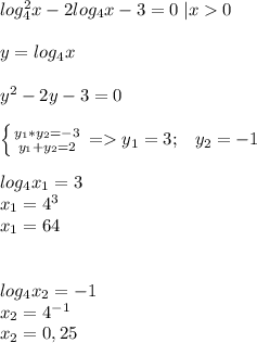 log_4^2x-2log_4x-3=0\; |x0y=log_4xy^2-2y-3=0left \{ {{y_1*y_2=-3} \atop {y_1+y_2=2}} \right.=y_1=3;\; \; \; y_2=-1log_4x_1=3\\x_1=4^3\\x_1=64log_4x_2=-1\\x_2=4^{-1}\\x_2=0,25