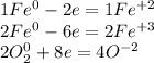 1Fe^0-2e=1Fe^{+2}\\2Fe^0-6e=2Fe^{+3}\\2O_2^0+8e=4O^{-2}