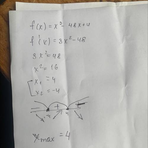 Найдите точку максимума функции f(x)=x^3 - 48х + 4 Xmax=...?
