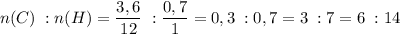 \displaystyle n(C)\; :n(H) = \frac{3,6}{12} \; :\frac{0,7}{1} = 0,3 \;:0,7=3\;:7=6\;:14