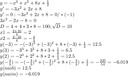 y=-x^3+x^2+8x+\frac{1}{2} \\y'=-3x^2+2x+8\\y'=0: -3x^2+2x+8=0/*(-1)\\3x^2-2x-8=0\\D=4+4*3*8=100; \sqrt{D} =10\\x1=\frac{2+10}{6}=2\\x2=\frac{2-10}{6}=-\frac{4}{3} \\y(-3)=-(-3)^3+(-3)^2+8*(-3)+\frac{1}{2}=12.5 \\y(3)=-3^3+3^2+8*3+\frac{1}{2}=6.5\\y(2)=-2^3+2^2+8*2+\frac{1}{2}=12.5\\y(-\frac{4}{3} )=-(-\frac{4}{3})^3+(-\frac{4}{3} )^2+8*(-\frac{4}{3} )+\frac{1}{2}=-\frac{325}{54} =-6.019\\y(naib)=12.5\\y(naim)=-6.019