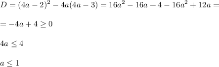 \displaystyle\\D=(4a-2)^2-4a(4a-3)=16a^2-16a+4-16a^2+12a==-4a+4\geq 04a\leq 4a\leq 1