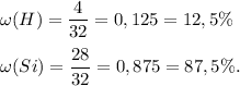 \displaystyle \omega (H) = \frac{ 4}{32} =0,125=12,5\%displaystyle \omega (Si) = \frac{28 }{32} =0,875=87,5\%.