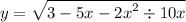 y = \sqrt{3 - 5x -{2x}^{2} \div 10x}