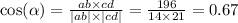 \cos( \alpha ) = \frac{ab \times cd}{ |ab| \times |cd| } = \frac{196}{14 \times 21} = 0.67