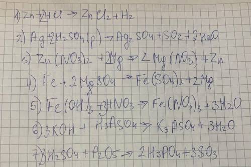 Солнышки (◍•ᴗ•◍)❤Розв'яжіть рівняння можливих реакцій: 1)Zn+HCI=2)Ag+H2SO4(розбавлена)=3)Zn(No3)2+Mg