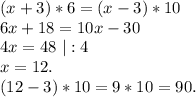 (x+3)*6=(x-3)*10\\6x+18=10x-30\\4x=48\ |:4\\x=12.\\(12-3)*10=9*10=90.