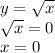 y=\sqrt{x} \\\sqrt{x} =0\\x=0