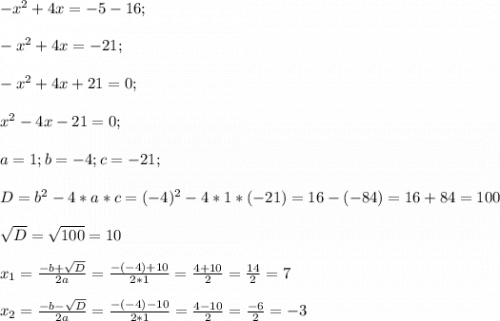 -x^{2} +4x=-5-16;-x^{2} +4x=-21;-x^{2} +4x+21=0;x^{2} -4x-21=0;a=1; b=-4; c=-21;D=b^{2} -4*a*c=(-4)^{2} -4*1*(-21)=16-(-84)=16+84=100sqrt{D}= \sqrt{100} = 10x_{1} =\frac{-b+\sqrt{D} }{2a} =\frac{-(-4)+10}{2*1}=\frac{4+10}{2} =\frac{14}{2}=7x_{2} =\frac{-b-\sqrt{D} }{2a} =\frac{-(-4)-10}{2*1}= \frac{4-10}{2}=\frac{-6}{2}=-3