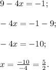 9-4x=-1;-4x=-1-9;-4x=-10;x=\frac{-10}{-4}=\frac{5}{2}.
