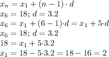 x_n=x_1+(n-1)\cdot d \\ x_6=18; \, d=3.2 \\ x_6=x_1+(6-1){\cdot} d =x_1 + 5{\cdot} d \\ x_6=18; \, d=3.2 \\ 18=x_1+5{\cdot} 3.2 \\ x_1 = 18 - 5{\cdot} 3.2 = 18- 16 = 2