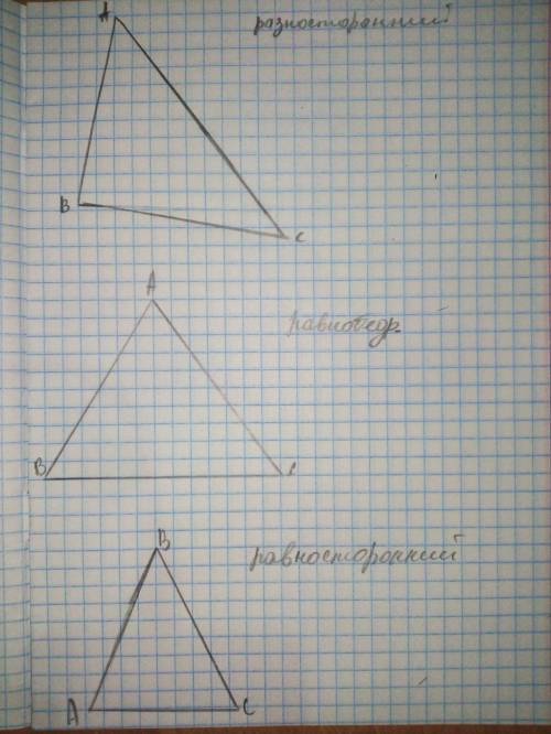 Начертите разносторонний равнобедренные и равносторонние треугольники