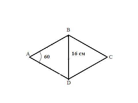 Разность двух углов ромба равна 60°. Меньшая диагональ ромба равна 16 см. Найдите периметр ромба. оч