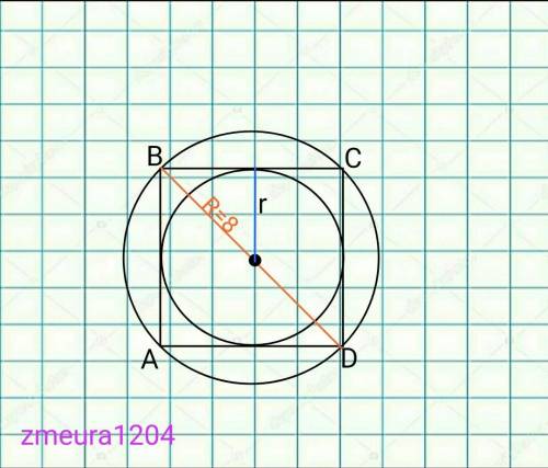 - Знайти радіус кола, вписаного в квадрат, якщо радіус описанного кола навколо квадрата, дорівнюс 8