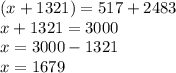 (x + 1321) = 517 + 2483 \\ x + 1321 = 3000 \\ x = 3000 - 1321 \\ x = 1679