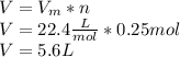 V=V_m*n\\V=22.4\frac{L}{mol} *0.25mol\\V=5.6L