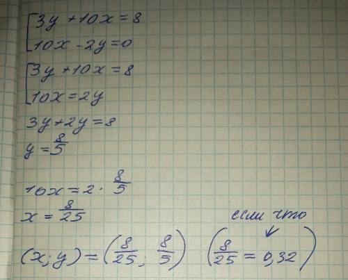 Реши систему уравнений: {3y+10x=8 {10x−2y=0ответ:(При необходимости ответ округлите до сотых!)x=? y=