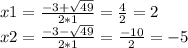x1 = \frac{ - 3 + \sqrt{49} }{2*1} = \frac{4}{2} = 2 \\ x2 = \frac{ - 3 - \sqrt{49} }{2*1} = \frac{ - 10}{2} = - 5