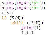 Даны два положительных числа K и N (K < N). Вывести все числа от K до N с цикла while. блок схема