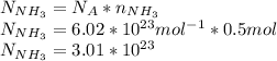 N_{NH_3}=N_A*n_{NH_3}\\N_{NH_3}=6.02*10^{23}mol^{-1}*0.5mol\\N_{NH_3}=3.01*10^{23}