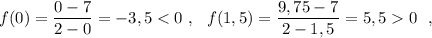 f(0)=\dfrac{0-7}{2-0}=-3,50\ \ ,