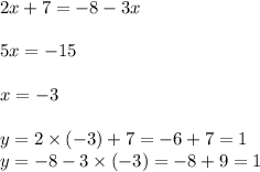 2x + 7 = - 8 - 3x \\ \\ 5x = - 15 \\ \\ x = - 3 \\ \\ y = 2 \times ( - 3) + 7 = - 6 + 7 = 1 \\ y = - 8 - 3 \times ( - 3) = - 8 + 9 = 1
