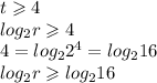 t \geqslant 4 \\ log_{2}r \geqslant 4 \\ 4 = log_{2} {2}^{4} = log_{2}16 \\ log_{2} r\geqslant log_{2}16
