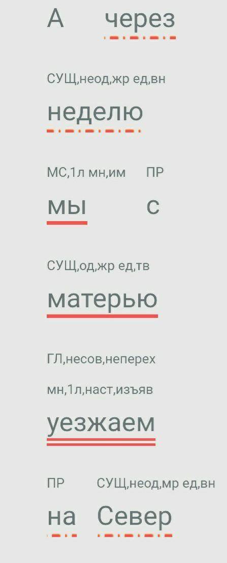 А через неделю мы с матерью уезжаем на Север. разобрать по членам предложения и какой частью речи вы