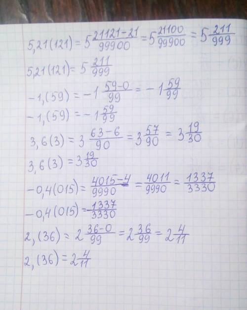 В Задание 2 Запишите периодическую десятичную дробь в виде обыкновенной: а) 5,21(121); ) 6 - 1,(59);