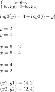 \left \{ {{x=6-y} \atop {log2(y)=3-log2(x)}} \right. log2(y)=3-log2(6-y)y=2\\y=4x=6-2\\x=6-4x=4\\x=2(x1,y1)=(4,2)\\(x2,y2)=(2,4)
