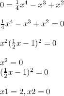 0=\frac{1}{4} x^4-x^3+x^2frac{1}{4} x^4-x^3+x^2=0x^2(\frac{1}{2} x-1)^2=0x^2=0\\(\frac{1}{2} x-1)^2=0x1=2, x2=0