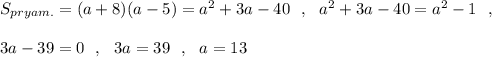 S_{pryam.}=(a+8)(a-5)=a^2+3a-40\ \ ,\ \ a^2+3a-40=a^2-1\ \ ,3a-39=0\ \ ,\ \ 3a=39\ \ ,\ \ a=13