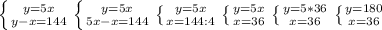 \left \{ {{y=5x \atop {y-x=144}} \right. \left \{ {{y=5x} \atop {5x-x=144}} \right. \left \{ {{y=5x} \atop {x=144:4}} \right. \left \{ {{y=5x} \atop {x=36}} \right.\left \{ {{y=5*36} \atop {x=36}} \right. \left \{ {{y=180} \atop {x=36}} \right.