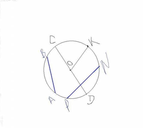 Начерти окружность с центром в точке О. Отметь на ней радиус ОК, диаметр СD и хорды РN и АВ