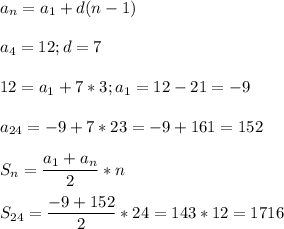 \displaystyle\\a_n=a_1+d(n-1)a_4=12;d=712=a_1+7*3;a_1=12-21=-9a_{24}=-9+7*23=-9+161=152S_n=\frac{a_1+a_n}{2} *nS_{24}=\frac{-9+152}{2} *24=143*12=1716