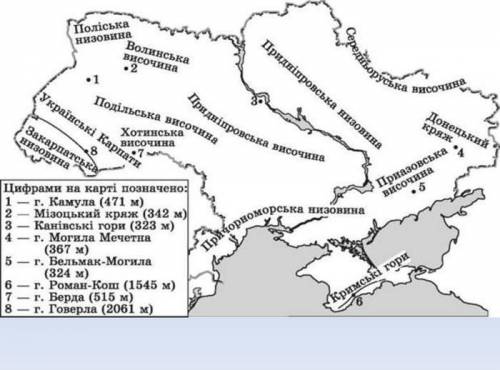На контурній карті ст.6-7 нанести низовини і височини і  України (атлас ст.14-15)