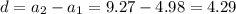 d=a_2-a_1=9.27-4.98=4.29