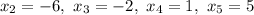 x_2=-6,\ x_3=-2,\ x_4=1,\ x_5=5