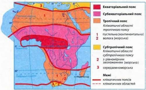 Назвати кліматичні пояси в межах яких лежить Африка?