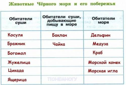 Таблица черноморского побережья кавказа 4 класс