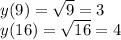 y(9) = \sqrt{9} = 3 \\ y(16) = \sqrt{16} = 4