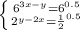 \left \{ {{6^{3x-y} =6^{0.5}} \atop {2^{y-2x}=\frac{1}{2}^{0.5} }} \right.